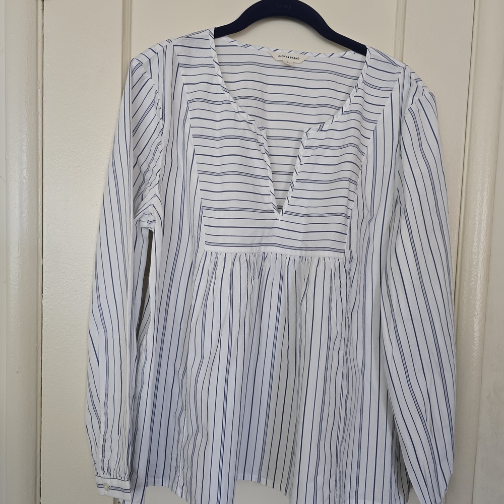 Lucky Brand White and Blue Smocked Bib Collar Blouse